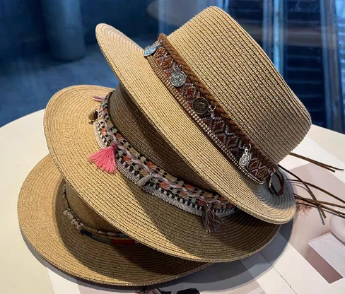 Boho hnědá dámská slaměná plážová čepice