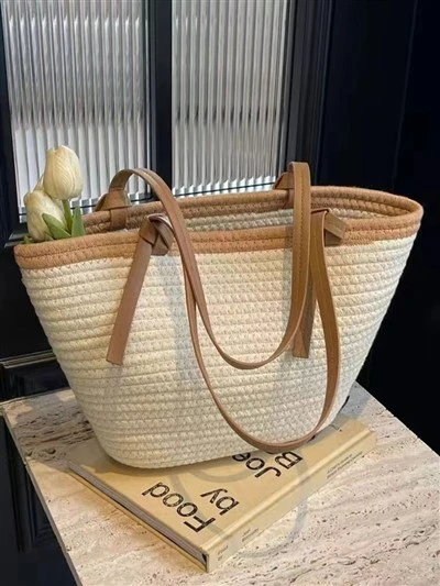 Bavlněný provaz White & Brown Ručně vyráběná slaměná taška